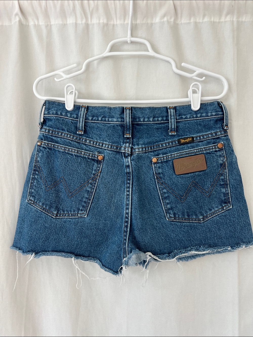 Wrangler Medium Blue Denim Cutoff Shorts with Frayed Hem